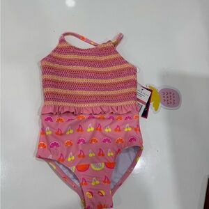 Andy & Evan Pink Striped Smocked Fruit One-Piece Swimsuit